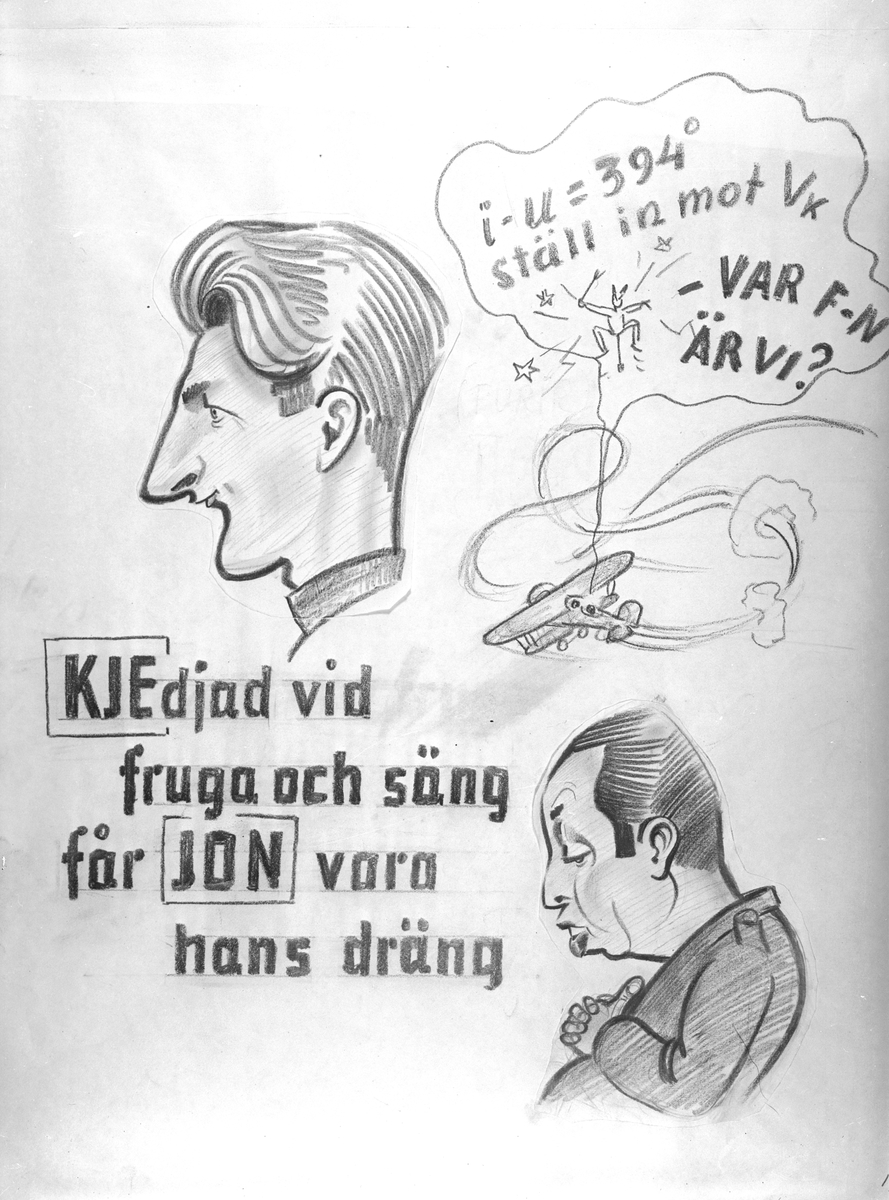 Karikatyrbild av militärer ur flygvapnet, 1930-tal.  Märkt 'JON', 'KJE'.   Avfotograferad teckning.