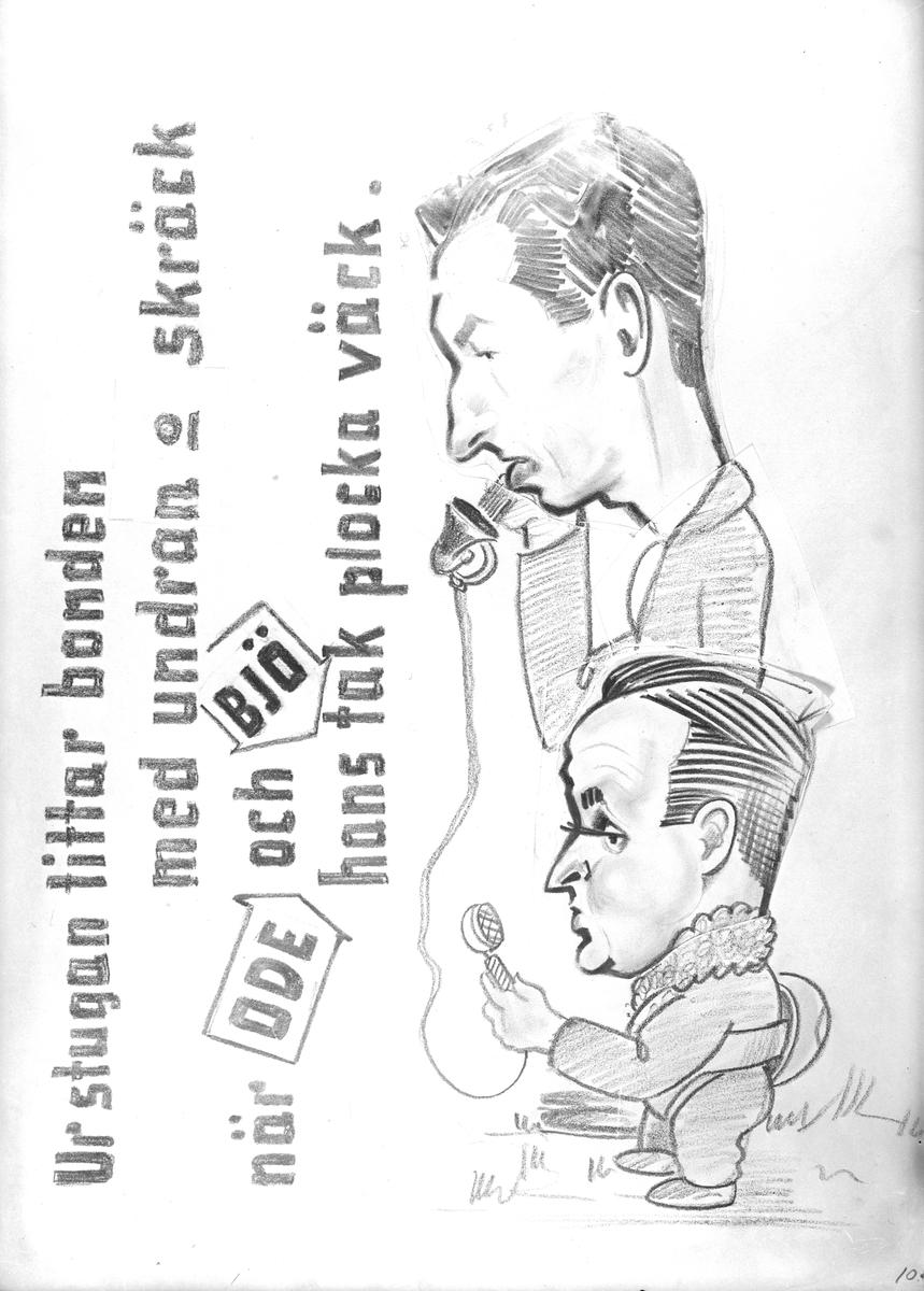 Karikatyrbild av militärer ur flygvapnet, 1930-tal.  Märkt 'ODE', 'BJÖ'.   Avfotograferad teckning.