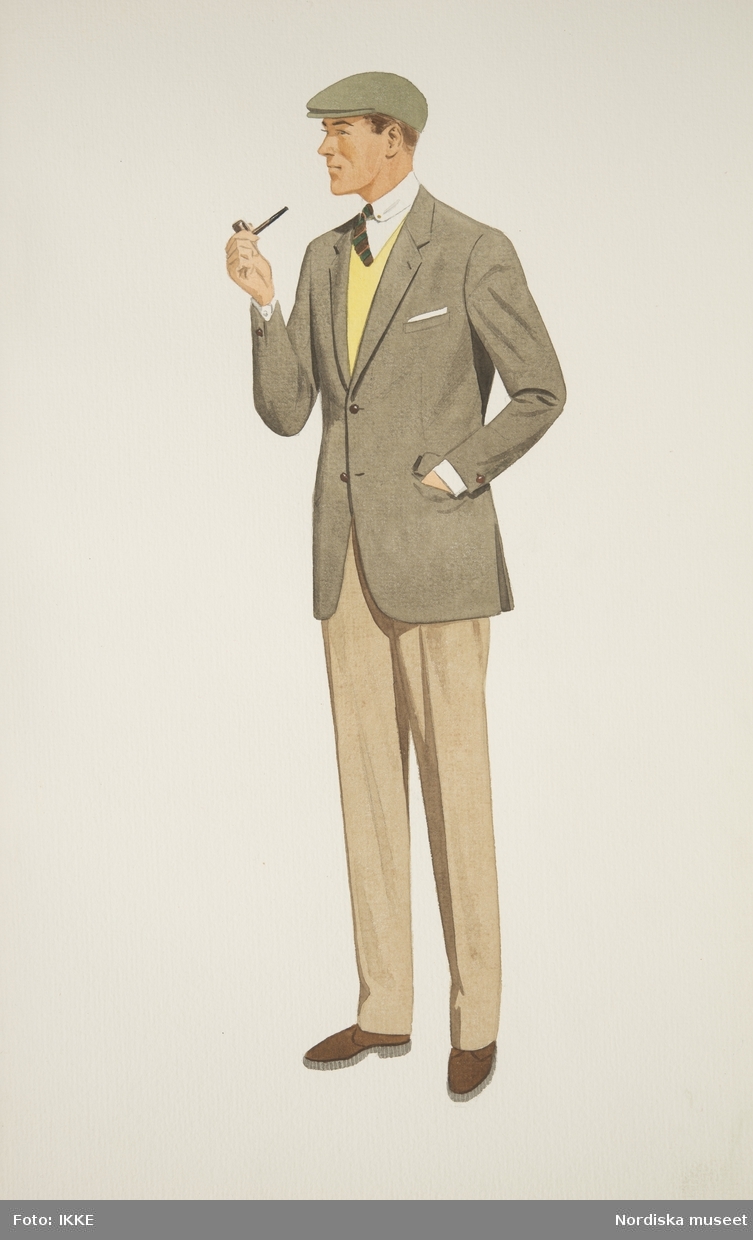 Modeteckning av man i grå blazer, randig slips, gul pullover, keps och pipa i handen. Nordiska Kompaniets herrskrädderi.