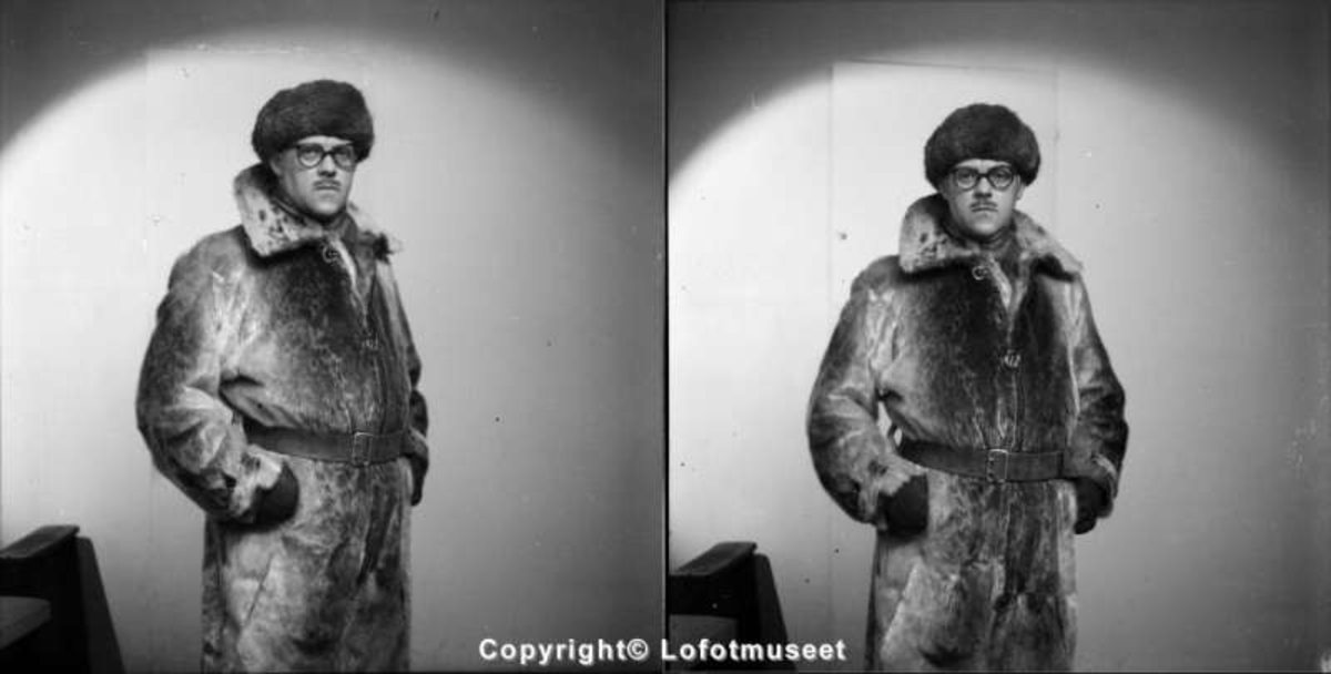 Atelierbilde av ukjent mann i jakke av selskinn og pelslue.To eksponeringer på samme bilde.