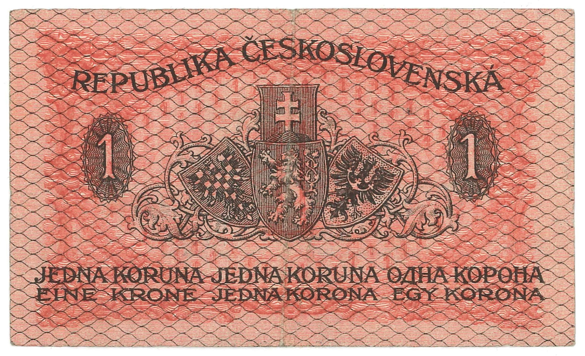 Sedel, 1 Koruna, från år 1919. Sedeln kommer ifrån Tjeckoslovakien.

Ingår i en samling sedlar, huvudsakligen från Tyskland.