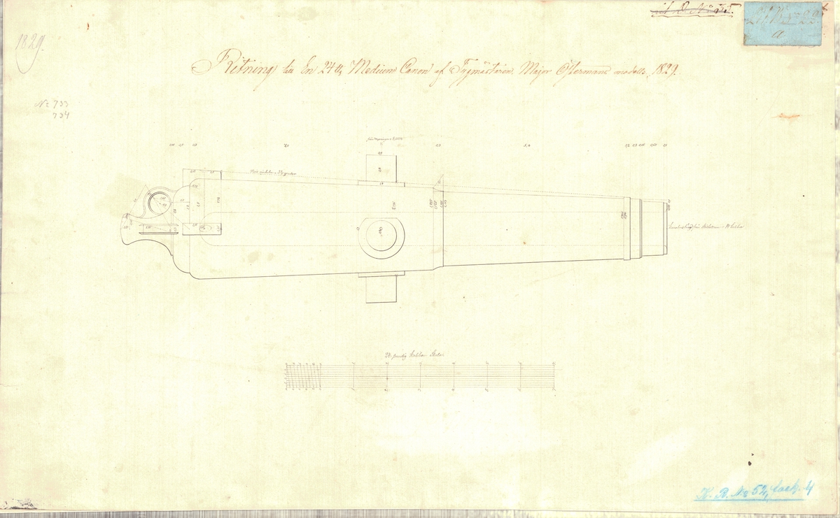 Ritning till en 24 pundig medium kanon av tygmästaren  major Östermans modell 1829