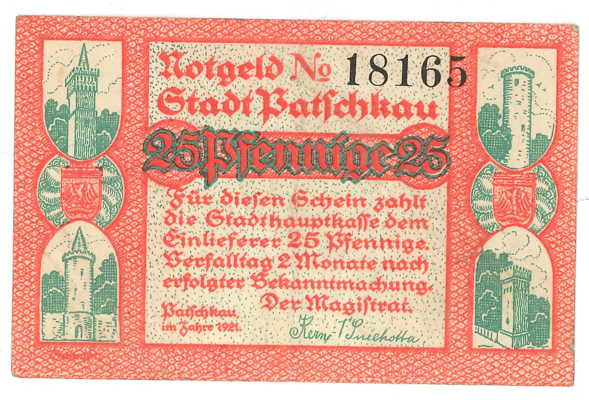 Sedel, 25 Pfennig, från år 1921.

Ingår i en samling sedlar, huvudsakligen från Tyskland.