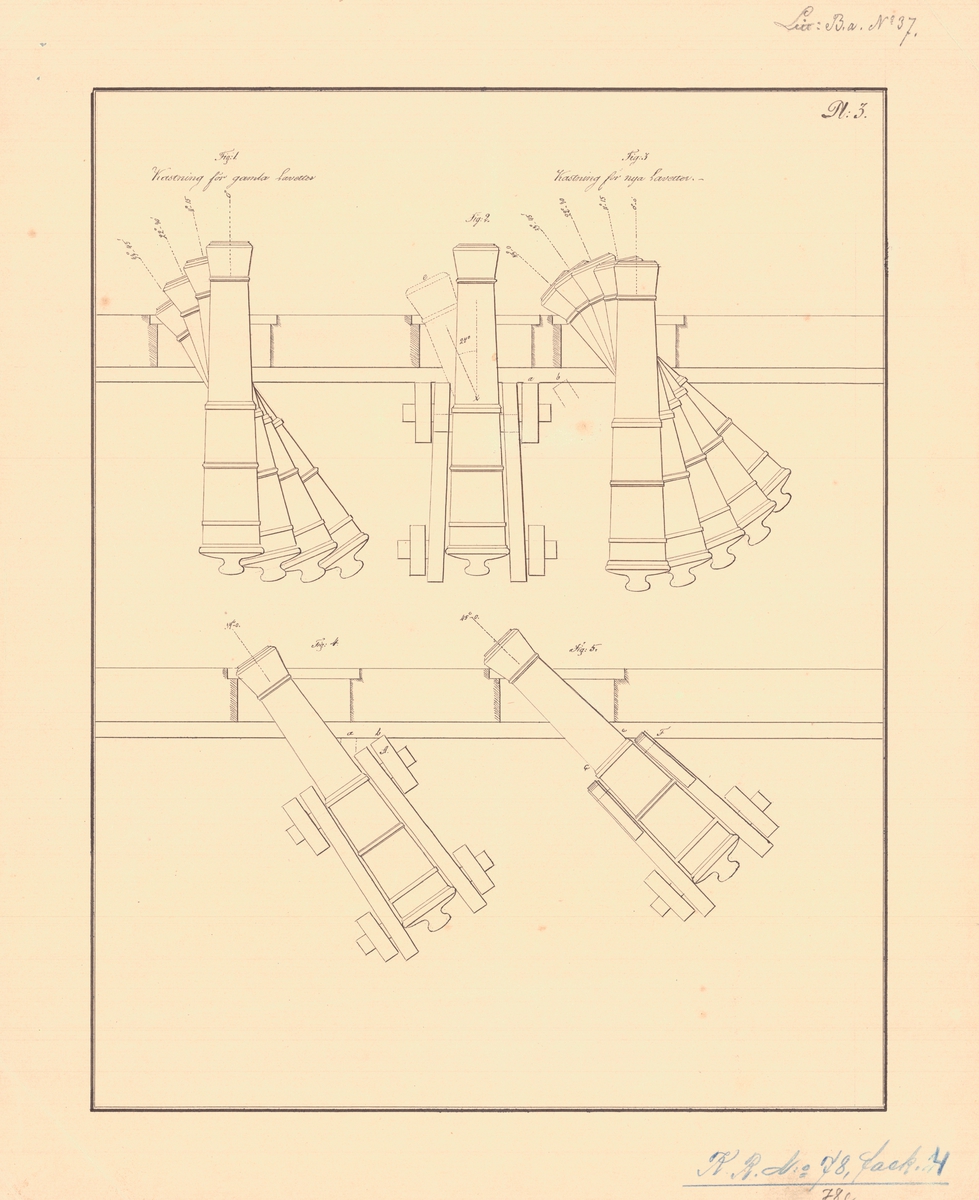 9 st ritningar visande Commander Marshalls inventerade nya lavett för kanoner om skeppsbord