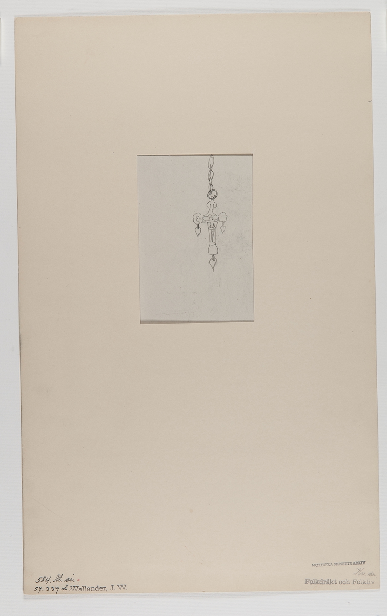 Handteckning av J W Wallander. Hängsmycke med korsfäst Kristusfigur. Nordiska museets inventarienummer 57339d.