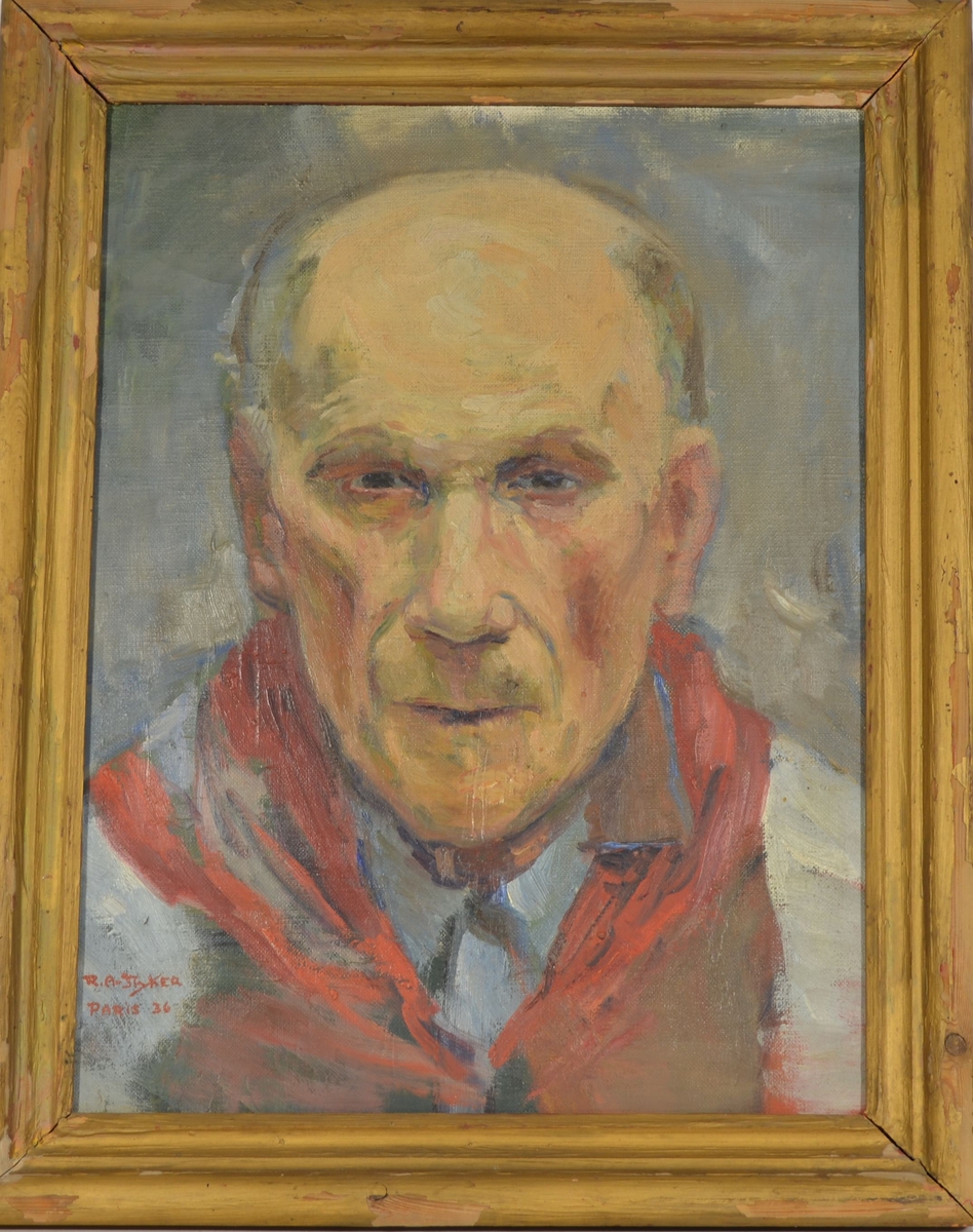 Portrett av ukjent eldre mann fra skuldrene og opp og med ansiktet rett frem, mot betrakteren. Mannen er kledt i skjorte, vest og et rødlig halstørkle.