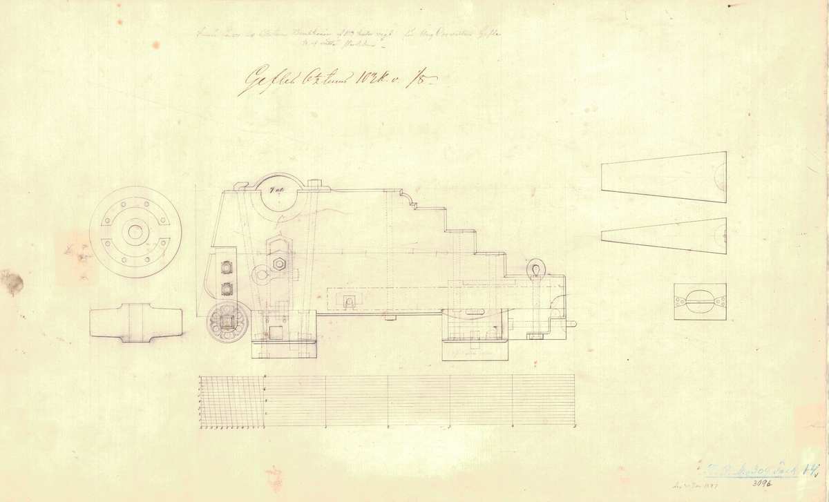 6 st ritningar visande kursörlavetter till 6 ½ tums bombkanon av 103 kulors vikt åt ångkorvetten Gefle