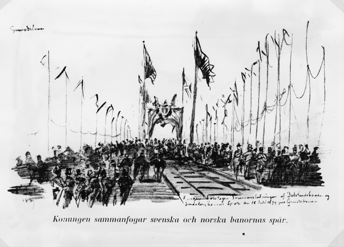 Dalslands järnväg. Invigningen 18 juli 1879. Konungen sammanfogar svenska och norska banornas spår.