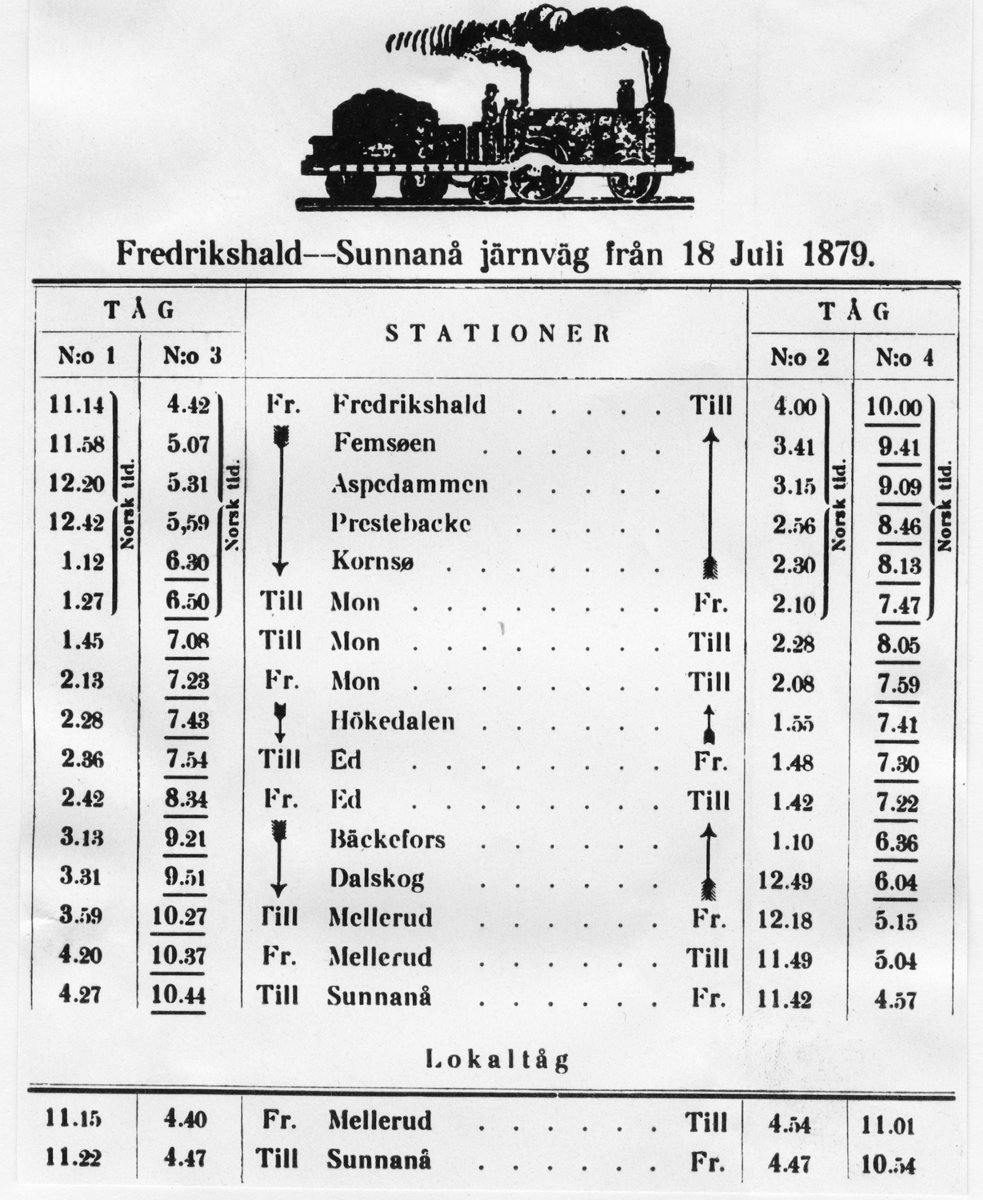 Dalslands järnväg. Invigningen 18 juli 1879. XXII. Den första och senaste tidtabellen. Fredrikshald -- Sunnanå järnväg från 18 Juli 1879.