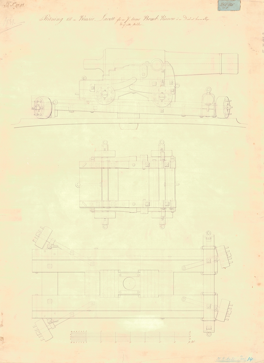 2 st ritning till en kursörlavett för en 7 tums bombkanon å en däckad kanonslup