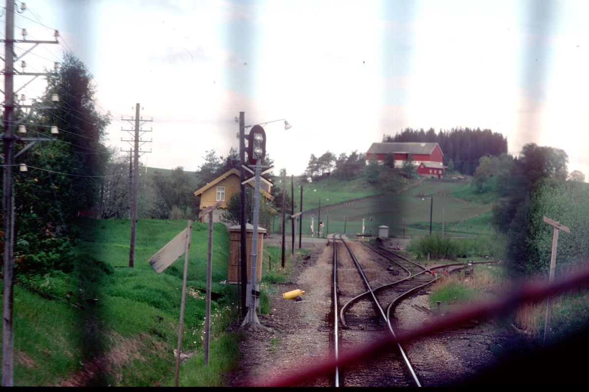 Rinnan holdeplass og lasteplass sett fra lokomotivet i tog 456, nattoget Bodø - Trondheim. Tidligere stasjon.