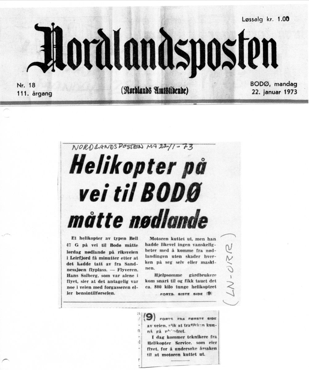 Helikopterhavari Leirfjord Helgeland Ln Orr Fra Helikopterservice Utklipp Fra Avisa Nordlandsposten Norsk Luftfartsmuseum Digitaltmuseum