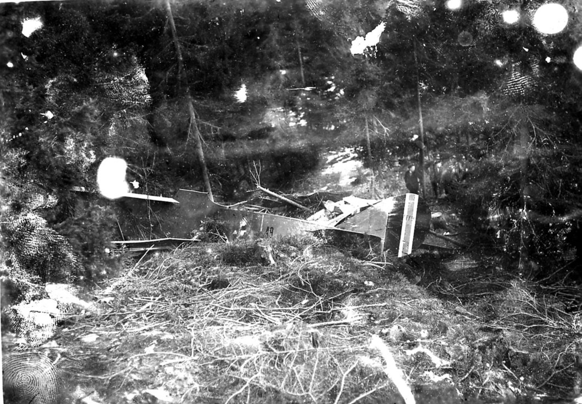 Vraket av ett havarert fly, Kaje F.F.9 nr 49, mellom noen trær. 