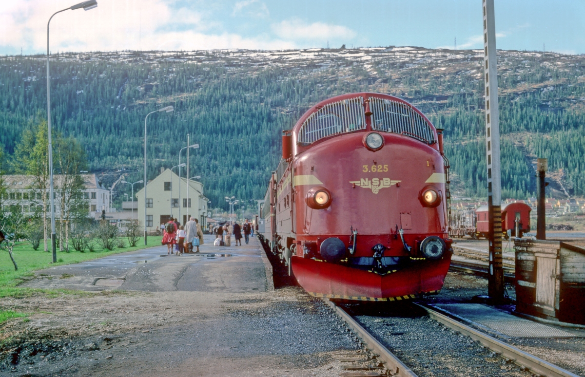 NSB daghurtigtog 451 Trondheim - Bodø i Mo i Rana, med dieselelektrisk lokomotiv Di 3 625. Til høyre diesel-pumpen, det ble her fylt på diesel når det var nødvendig.