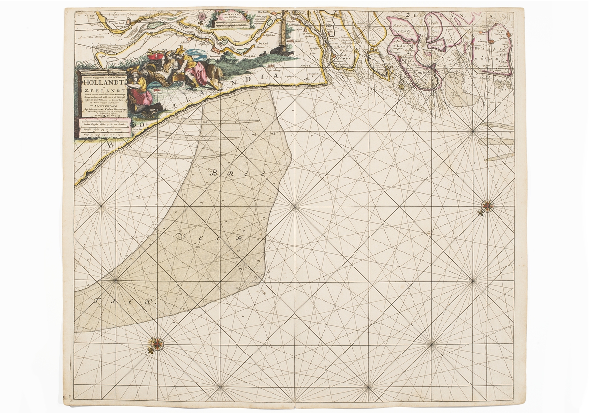 Sjökort över Holland. Del av kusten.

I övre högra hörnet syns människogestalter (Poseidon och Merkurius?), samt flodinloppet till Rotterdam.