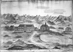 Kirke og prestegård i Kjerkvågen år 1806