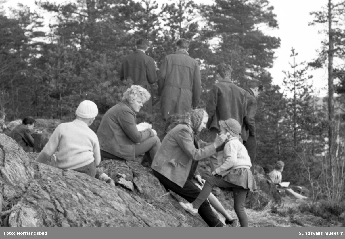 Vårsolsreportage. Bildserie med barn och vuxna som njuter av vårsol och barmark på Norra berget.
