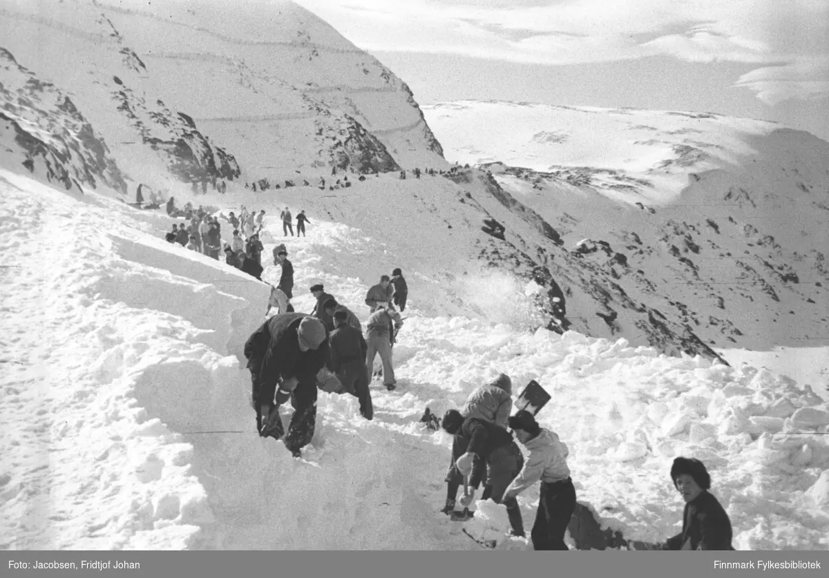 Snørydningsdugnad på Nyveien mot Klinkastupet og Storsvingen, det som i dag er Rv94. I 1941 ble folk utkommandert for å måke veien til Rypefjord og innover Kvaløya. 70-250 stykker deltok