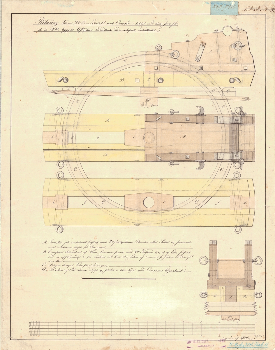 Ritning till en 24 pundig lavett med kursör i likhet med dem, som för de år 1814 byggda 6 stycken däckade kanonslupar, inrättades