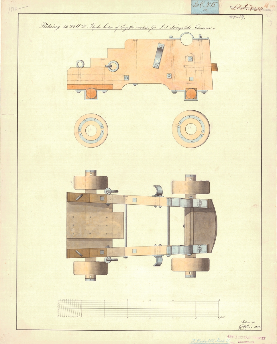 Ritning till 24 pundiga styckelådor av engelsk modell för S.T. Tornquists kanon. Plan- och sidoritning av en lavett.