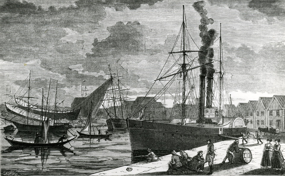 Teckning från hamnen. 1869. Teckning av F.D. (tillh. Gävle Museum)