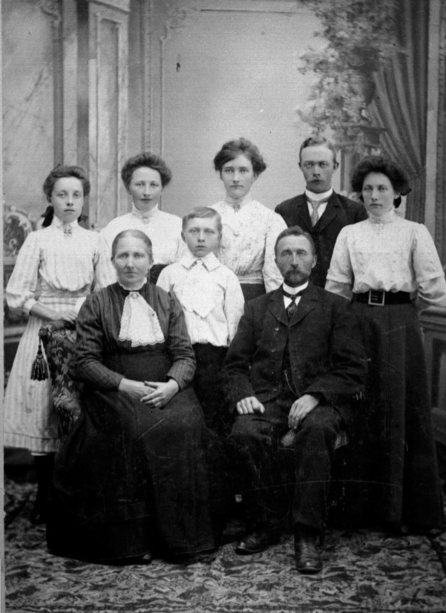 Familien Sveen på Ring, Ringsaker. Fra venstre foran er Agnethe, Aksel, Andreas. Bak fra venstre er Anna gift Johannesen, Berthe gift Sandsengen, Marie gift Løvstuen, Anton, Emma gift Brein.