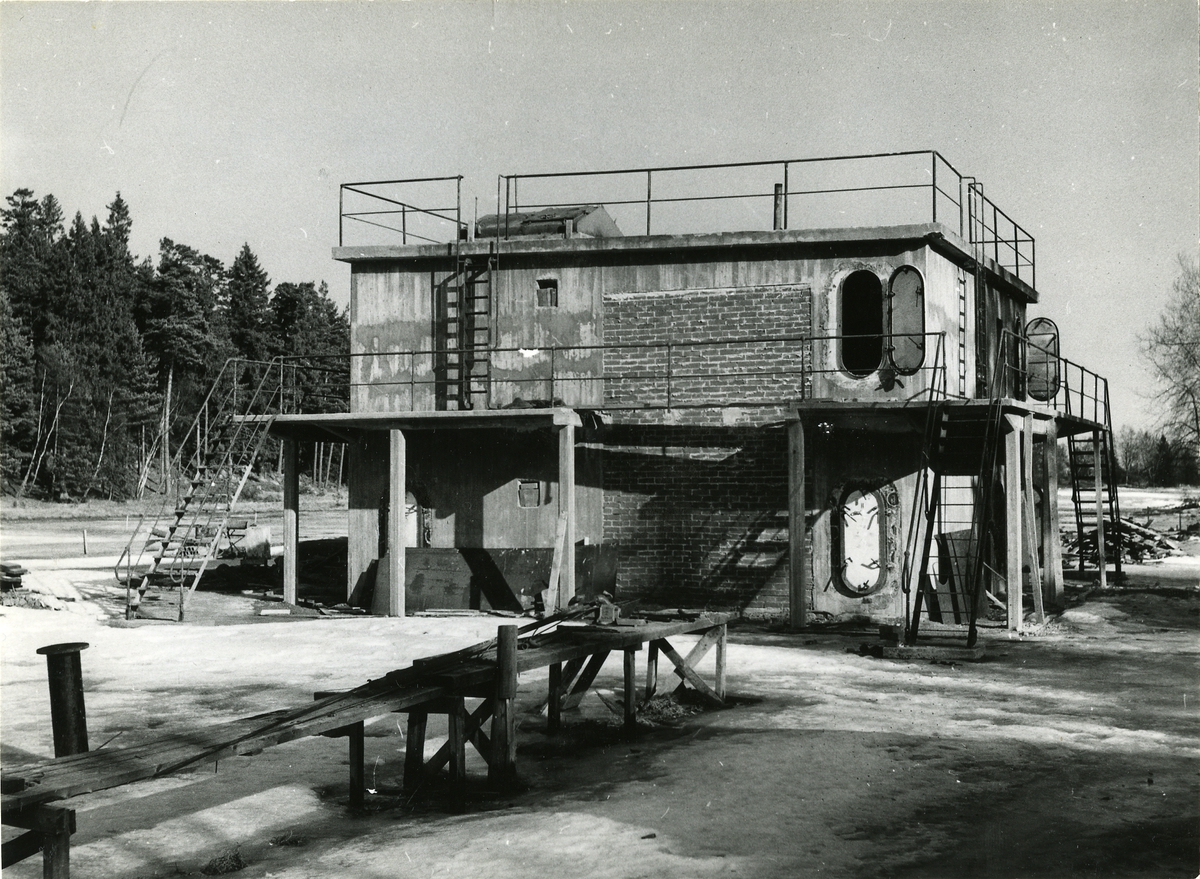 Brandövningshuset. Berga - Skyddstjänstskolan, mars 1953.