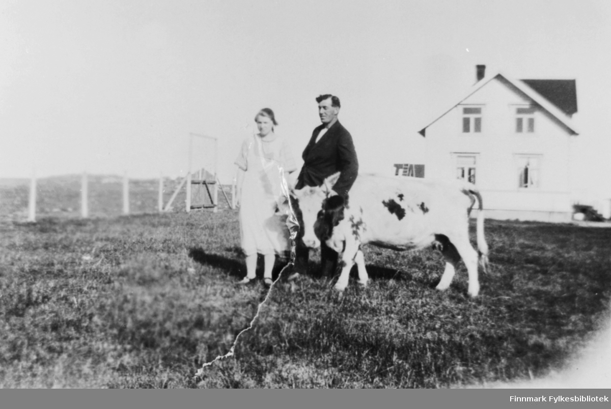 En mann, Rolf Fredriksen og en kvinne, Liva Hammer står på åkern foran Fredriksens hus. En ku poserer på biulset sammens med dem.