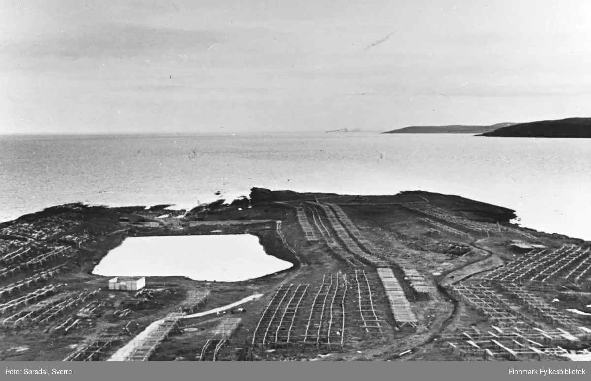 Fotografert fra toppen av radiomasta i Vardø. Utsikt til Stegelneset og Stegelnesdammen.