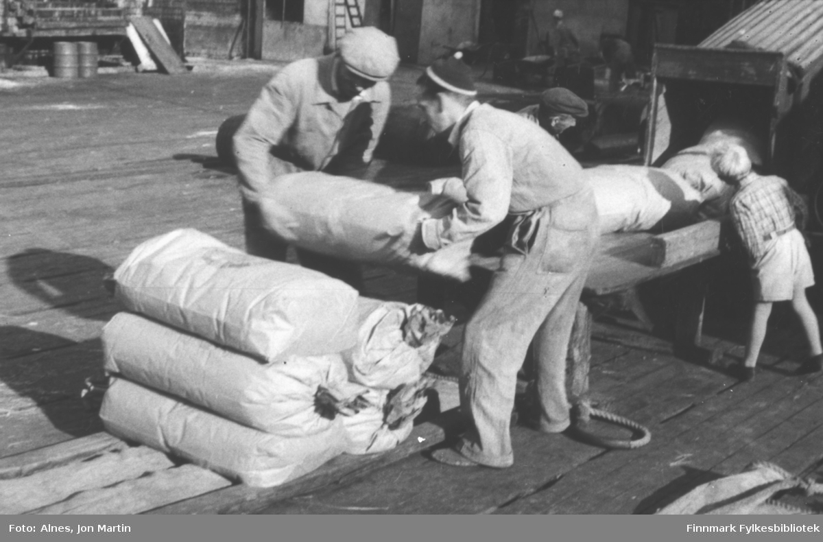 Sekker med fiskemel tas av melrenna ved fabrikken i Øksfjord, 1953. De skal lastes ombord på en båt. Mennene: Ole Johansen (med ryggen til), Charles Christensen og Wilhelm Danielsen. Gutten er ukjent