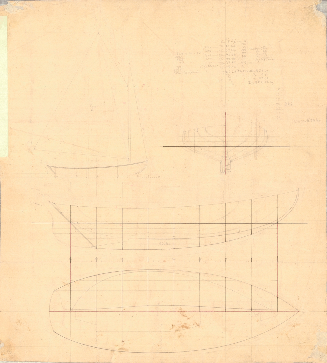 Enmastad segelbåt ritad av Carl Smith.
Spantruta, rigg-, profil- och linjeritning
