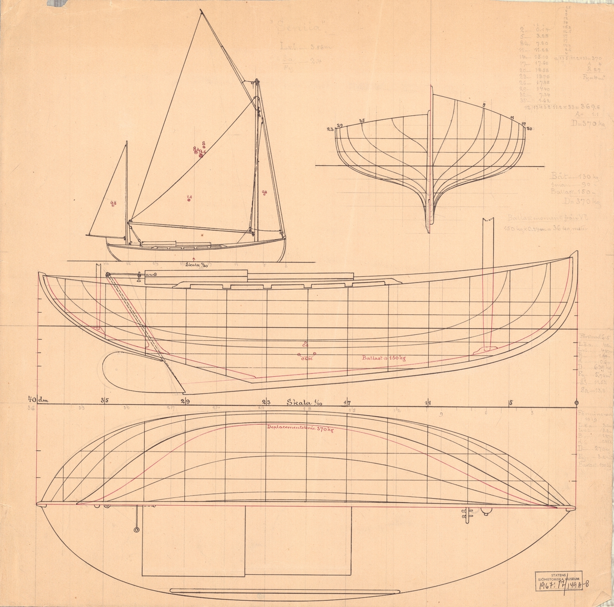 Tvåmastad segelbåt
Spantruta, rigg, profil och linjeritning