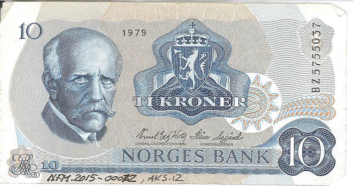Blå og kvit pengeseddel. Ti norske kroner.