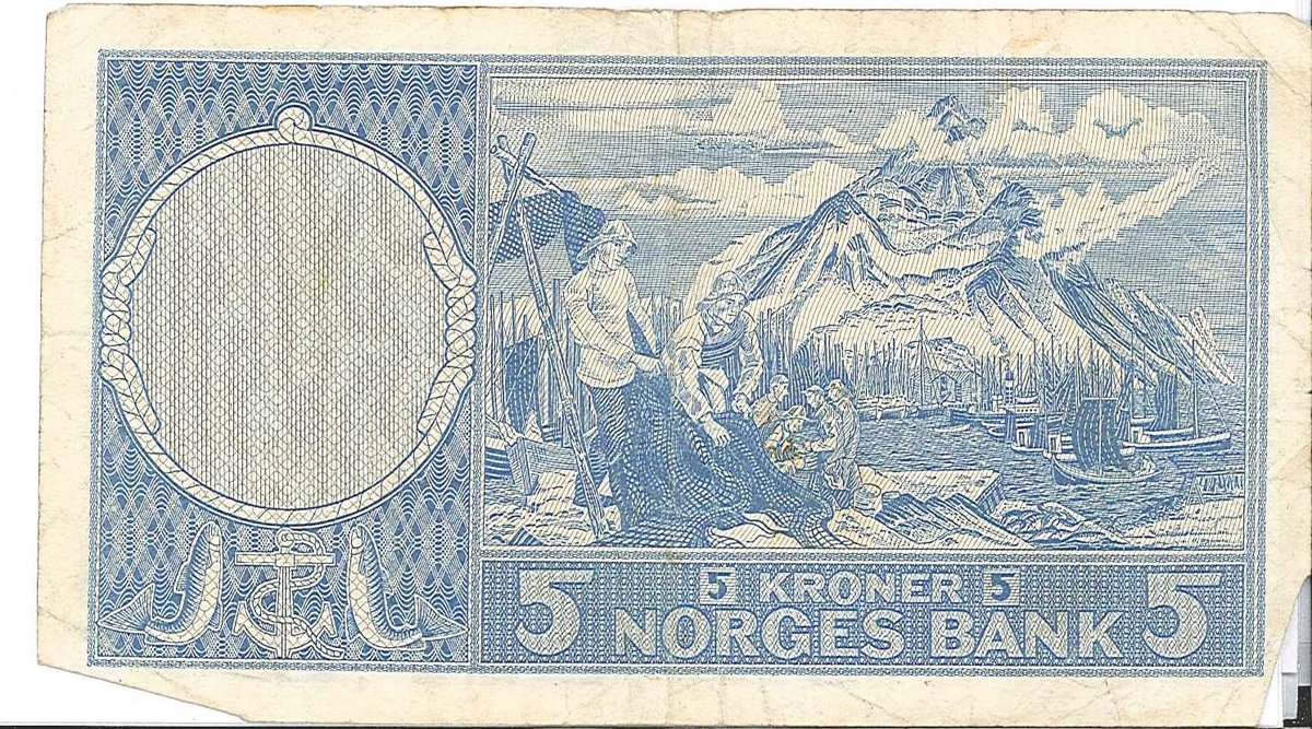 Blå og kvit pengeseddel. Fem norske kroner.