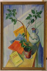 Blomst og gul bok [Oljemaleri]