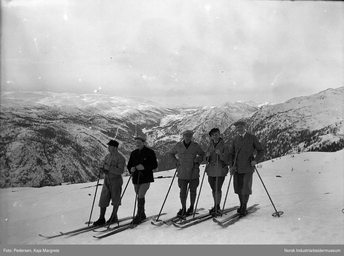 Fem menn på skitur i fjellandskap. I bakgrunnen sees rørgaten på Vemork. Skiløperne er antatt i området rundt Kringlehovda.