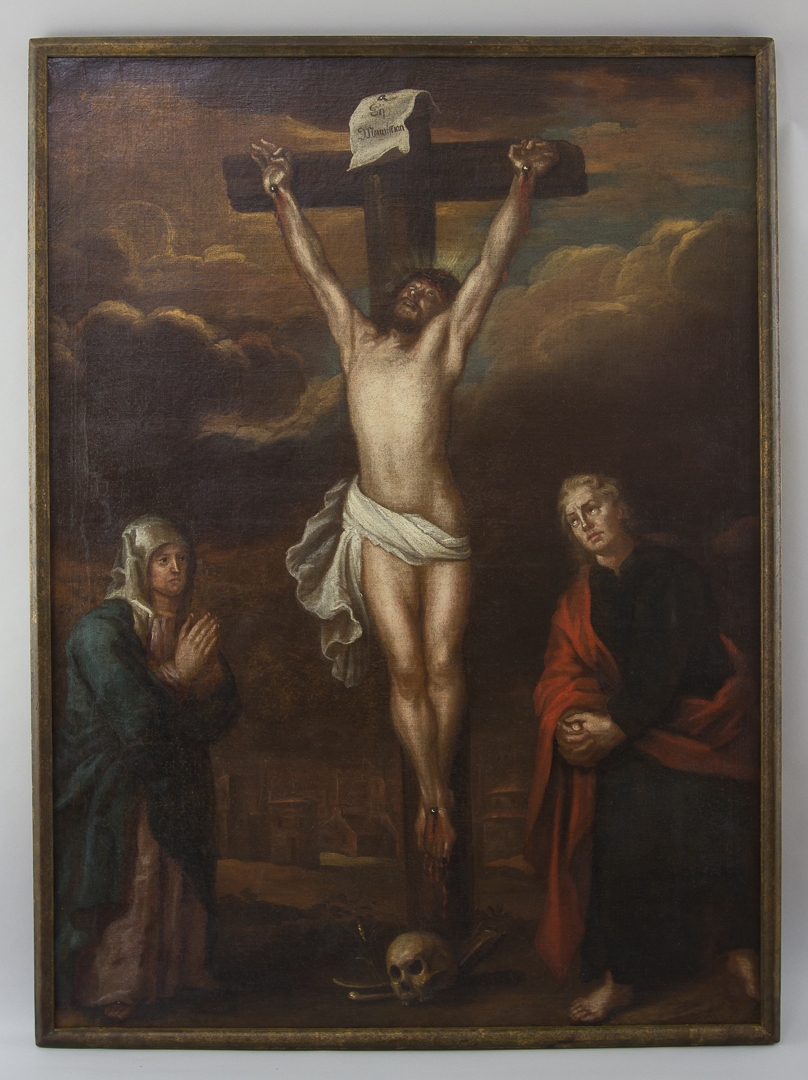 Kristus på korset, omgiven av Maria och apostel. Mörk dramatisk bakgrund.