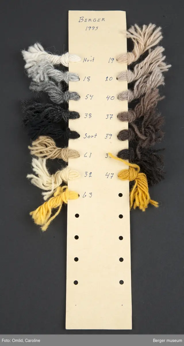 Pappremse med hull på begge sider, der garnprøver i forskjellige farger er knyttet på. Garnfargene er nummerert med blå kulepenn på kartongen.