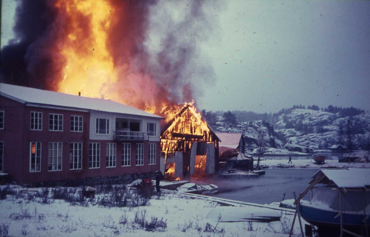 Brann i båtbyggeriet til Iversen på Hestøya vinteren 1970. Skofabrikken.