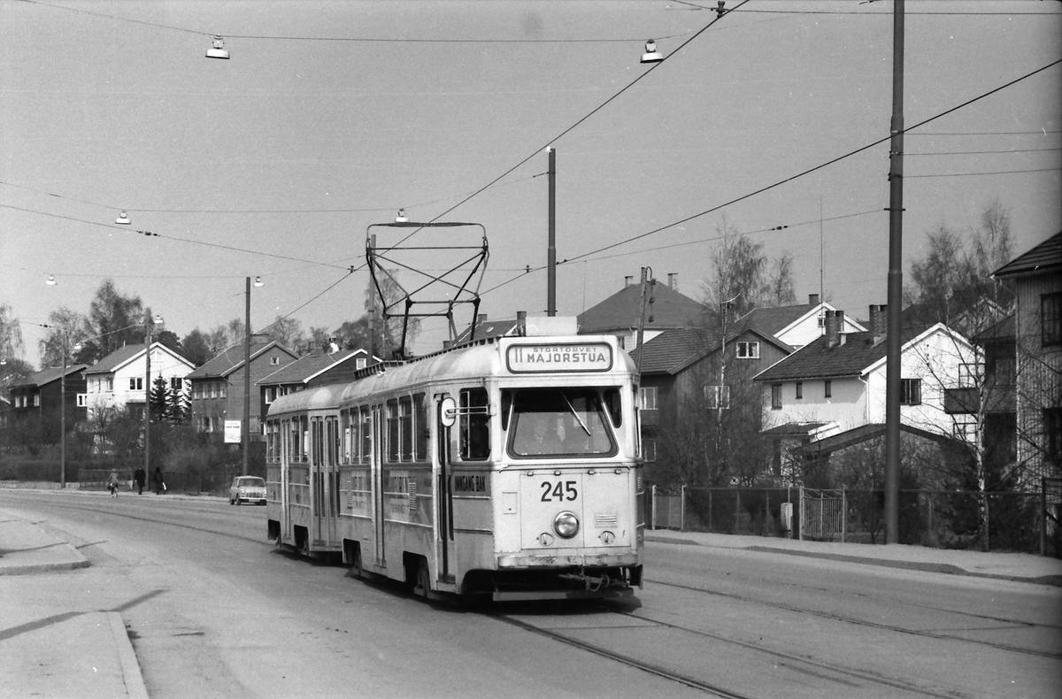 Oslo Sporveier. Kjelsåsbanen. Høka-vogn 245 på linje 11 til Majorstua på Grefsenplatået.