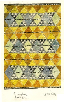 5 st färgskisser till rölakansmatta med namnet "Trianglar Broman".("Broman" något osäkert pga svårtydd handstil)Triangelmönster i olika fält mot ett rutmönster.Vattenfärgsmålat på papper limmat på kartong. Signerade originalskisser av Anna Hådell.
WLHF-1257:1 - Olika gråa nyanser. Garnprover fästa i kanten. Enligt anteckning Vävd.
WLHF-1257:2 - Olika blå och gröna nyanser samt mörkgrått. Skissen kallad :2A. Garnprover fästa på kartongbit kallad :2B.
WLHF-1257:3 - Olika blå nyanser, vitt och grått. Garnprover fästa i kanten.
WLHF-1257:4 - Olika blå nyanser, vitt, grått och lite lila.   Bild 3 visar : 3 och :4.
WLHF-1257:5 - Gult, olika nyanser gått och vitt.