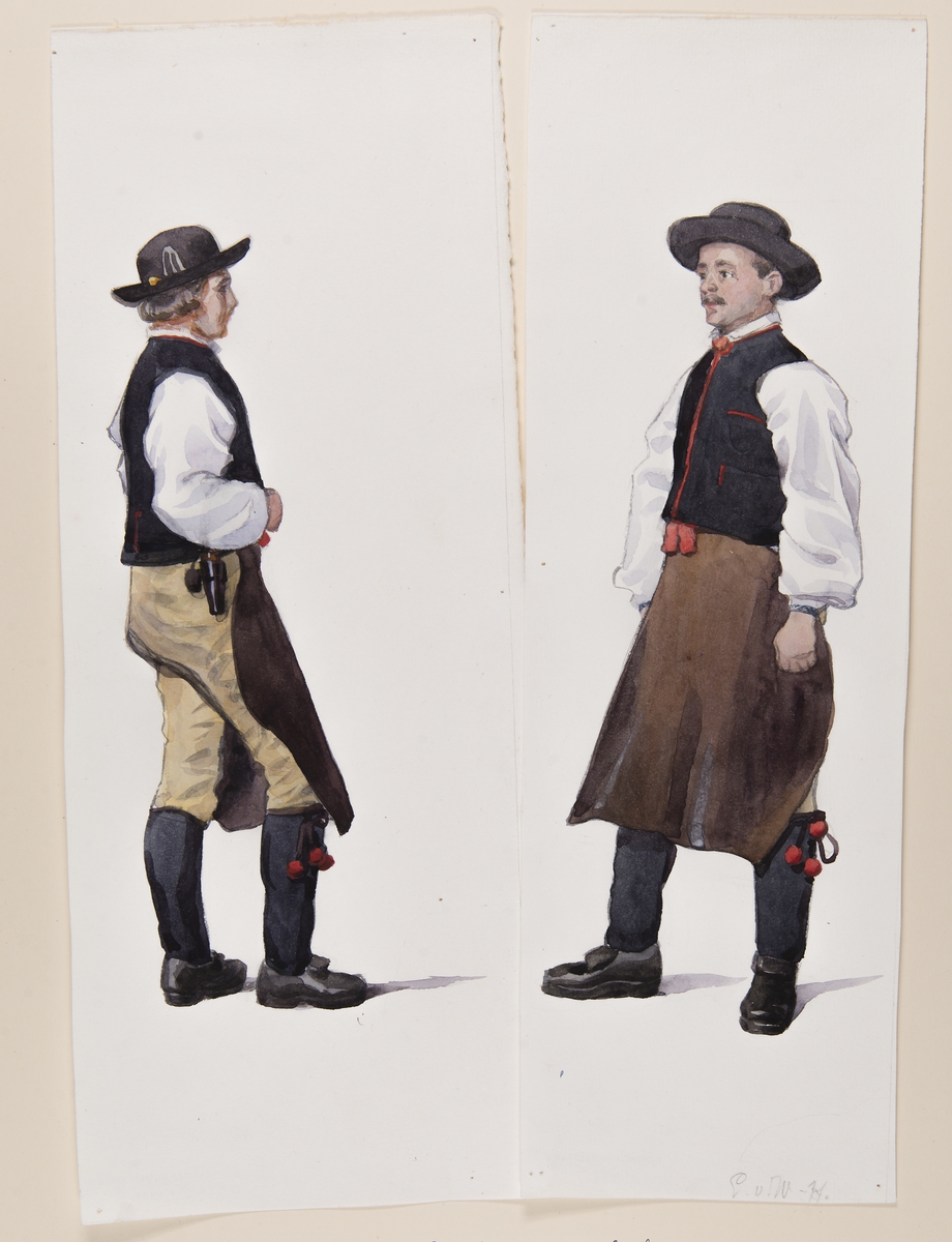 Två män i Rättviksdräkt Akvareller av Emelie von Walterstorff.