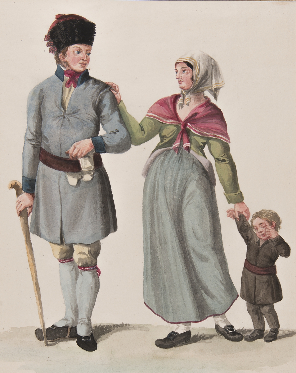 "Habitants de la Province de la Gestrikland", Tre personer en man en kvinna och ett barn i dräkt. Akvarell av C.W Swedman.