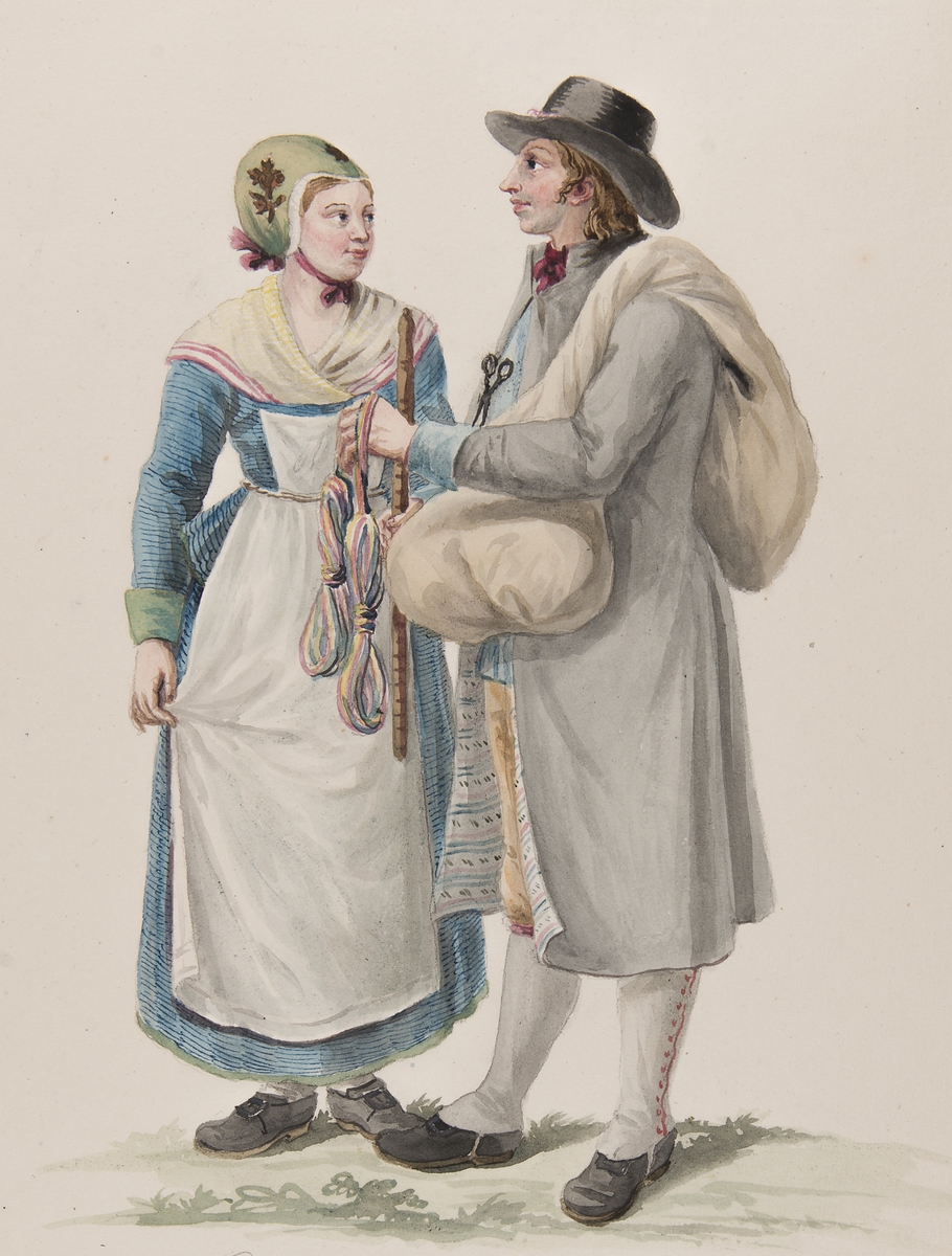 Dräkt. "Habitants de la Westergothie" En knalle och en kvinna. Akvarell i storformat av C.W Swedman