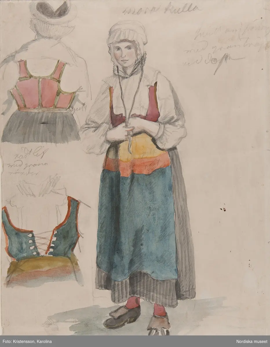 Kvinna samt detalj livstycke bak och fram. Akvarell av G.W.Palm