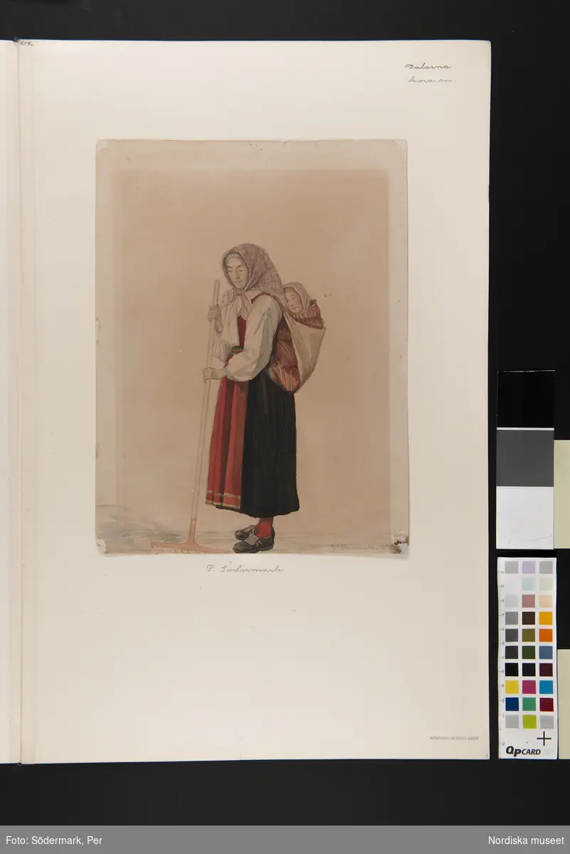 Kvinna med barn på ryggen. Akvarell av P. Södermark