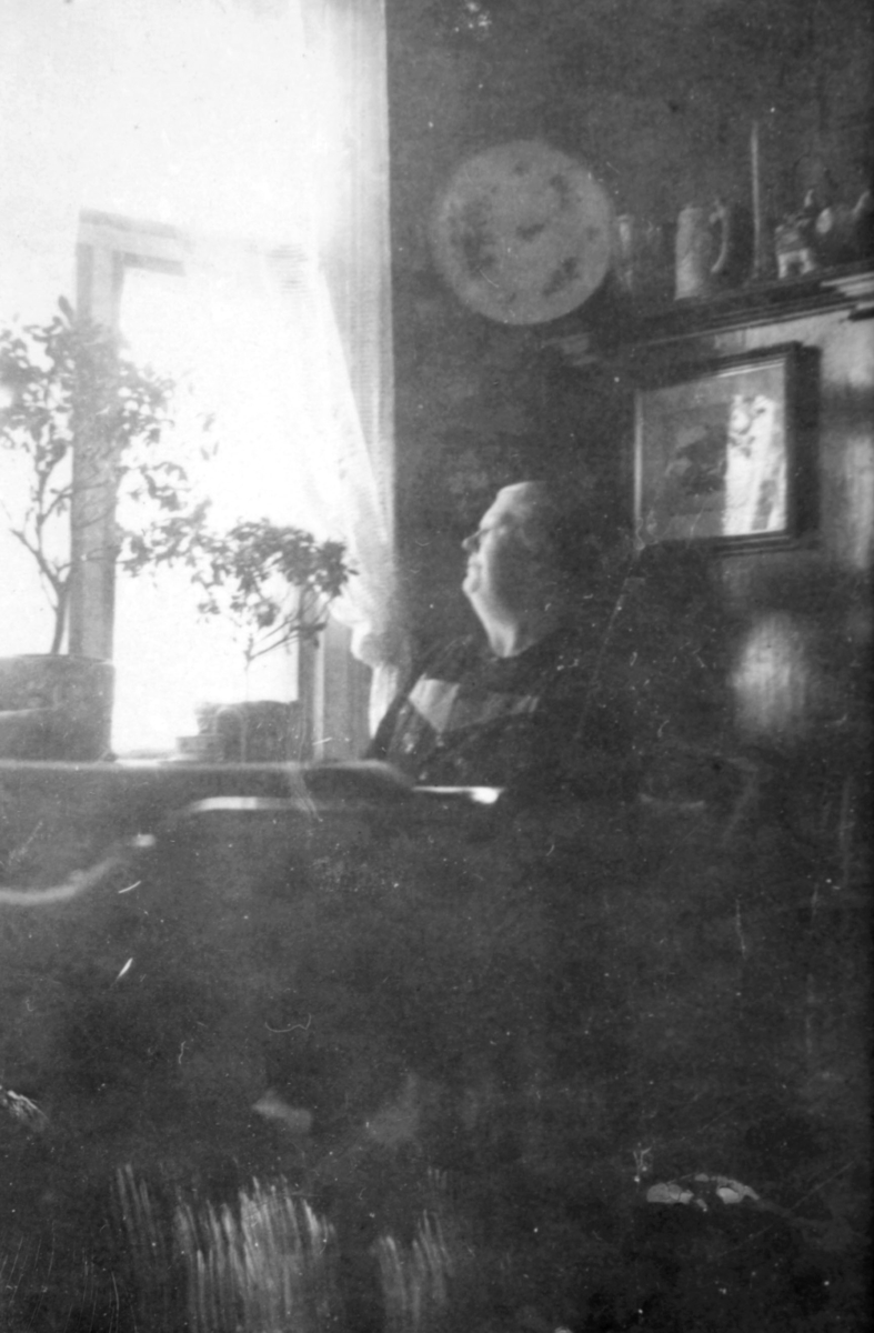 En dame sitter ved et bord ved vinduet. Det er lyse gardiner og blomster i vinduene. Bak henne henger det et bilde på veggen. Over det er det hyller med pyntegjenstander.