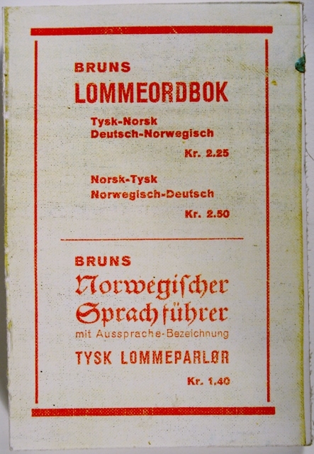 Forsiden og ca. 10 sider av en norsk-tysk/tysk-norsk ordbok. Resten av boken er blanke sider.