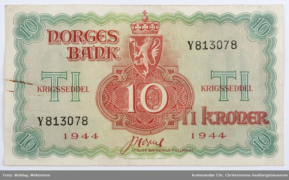 NORGES BANK  Y813078 KRIGSSEDDEL 1944  TI KRONER
