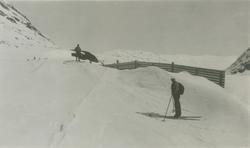 Skiløpere  ved snøskjermer på Skjåkfjellet